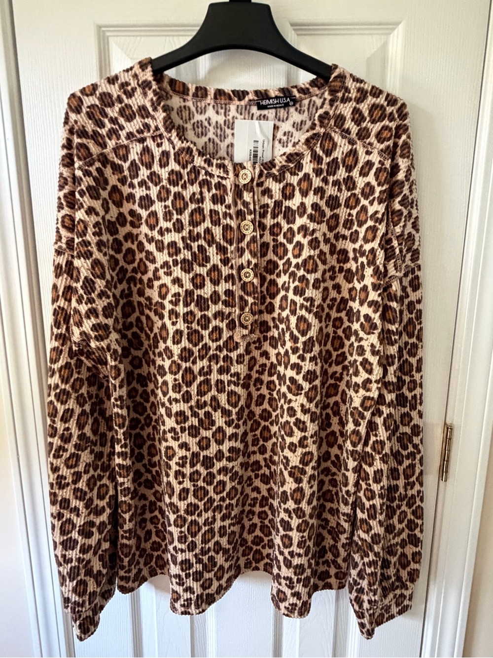 Heimish USA Leopard Print Long Sleeve Henley Top - Brown/Cream 2X